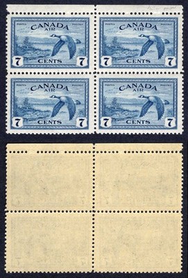 canada-unitrade-c9i-1946-airmail-7c-blue-block-of-four-on-thin-ribbed-paper-u-m