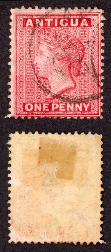antigua-sg25-1d-carmine-red-wmk-crown-ca-perf-14-cat-3-75-pounds