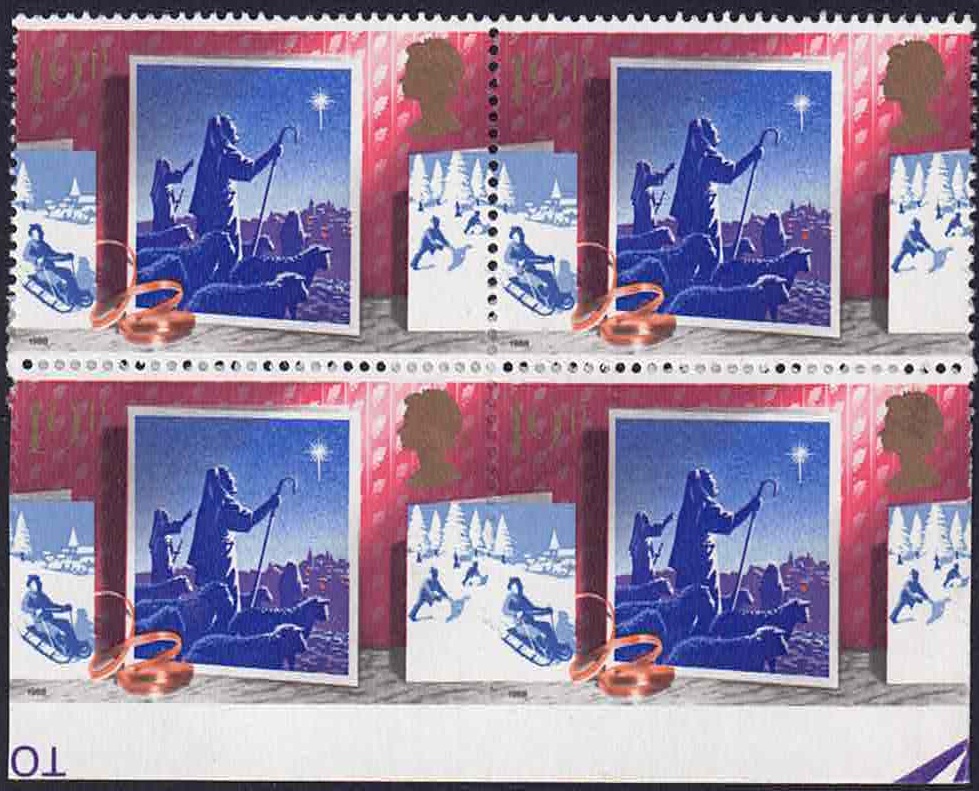 qeii-1988-christmas-19p-lower-marginal-block-of-4-error-imperf-between-lower-pair-and-marginsg1415-var-pierron-states-only-20-recorded