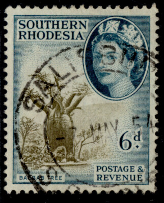 southern-rhodesia-qeii-sg84-6d-brown-olive-deep-turqoise-green-fine-used