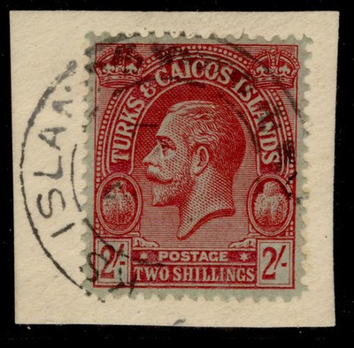 turks-caicos-gv-sg174-2s-red-emerald-vfu-cat-110-wmk-mult-crown-on-piece