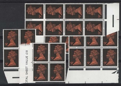 gb-1971-machin-9p-black-orange-fcp-pva-26-copies-in-blocks-unmounted-mint