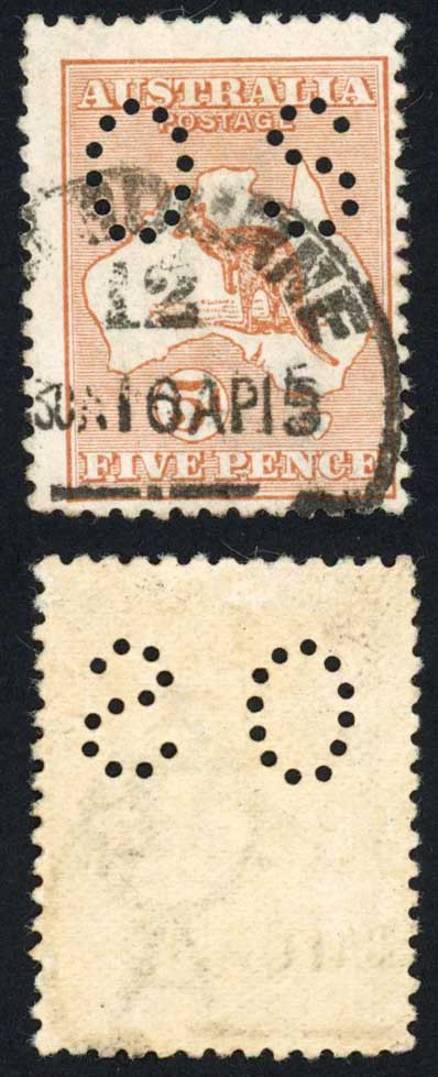 australia-sgo22-5d-chestnut-1st-wmk-perfin-small-os-used