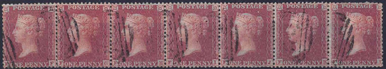 qv-1854-large-crown-p14-1d-red-brown-pl8-blued-paper-stirp-of-7-scarce