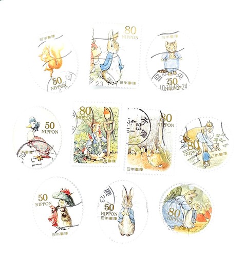 10-x-beatrix-potter-used-japanese-postage-stamps-all-off-paper