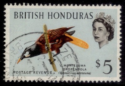 british-honduras-qeii-sg213-5-montezuma-oropendola-fine-used-cat-22-cds-pmk