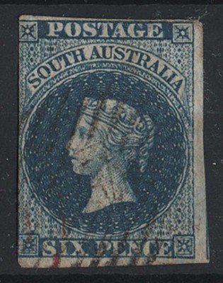 south-australia-1855-6d-deep-blue-wmk-large-star-sg3-tiny-hinge-thin