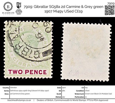 7909-gibraltar-sg58a-2d-carmine-grey-green-1907-mi49y-used-c19