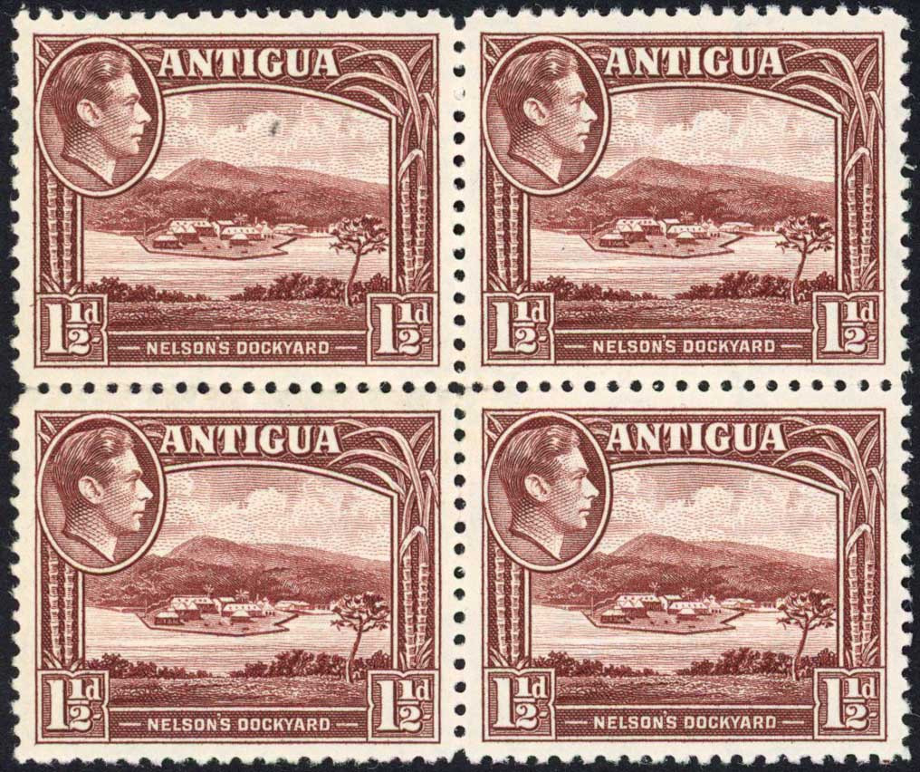 antigua-sg100-1-1-2d-dull-reddish-brown-block-of-four-u-m-cat-16-pounds