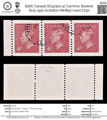 8266-canada-sg423ba-4c-carmine-booklet-strip-1950-sc-287a-mihb52-used-c50