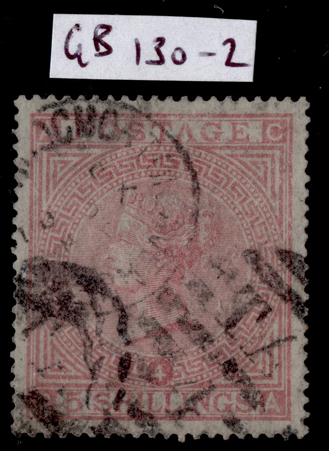 gb-qv-sg130-scarce-5s-rose-plate-4-blued-paper-used-cat-2500-swiss-cert-ca