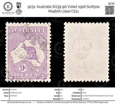 9231-australia-sg39-9d-violet-1916-sc-50a-mi46xii-used-c11