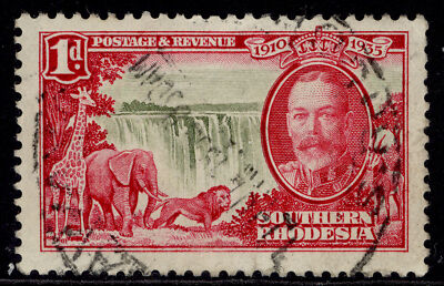 southern-rhodesia-gv-sg31-1d-olive-rose-carmine-silver-jubilee-fine-used