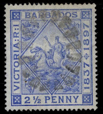 barbados-qv-sg128-2d-ultramarine-used-cat-45-blued-paper