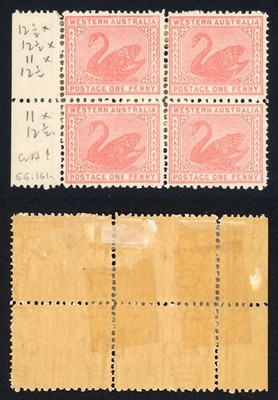 western-australia-sg161-1d-rose-pink-wmk-upright-perf-12-5x11-block-rare