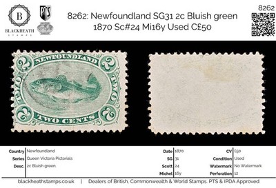 8262-newfoundland-sg31-2c-bluish-green-1870-sc-24-mi16y-used-c50