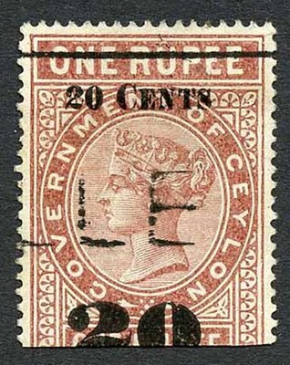 ceylon-qv-sgt37-20c-on-1r-red-brown-telegraph-stamp-wmk-crown-ca-narrow
