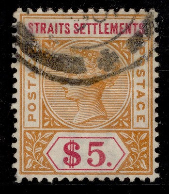 malaysia-straits-settlements-qv-sg105-5-orange-carmine-used-cat-400