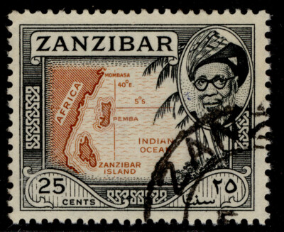 zanzibar-qeii-sg362-25c-orange-brown-black-fine-used