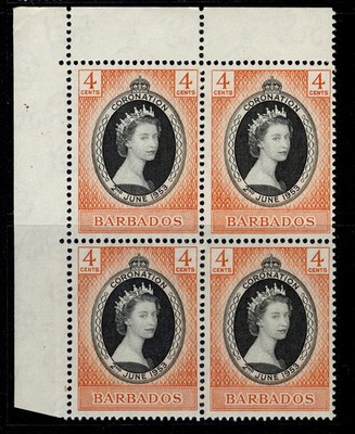 barbados-qeii-sg302-1953-4c-coronation-marginal-block-x4-nh-mint