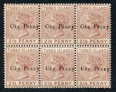 turks-and-caicos-sg61-1d-on-2-1-2d-red-brown-u-m-block-of-six-cat-150-pounds