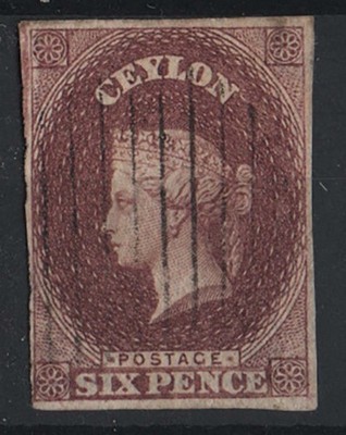 ceylon-1857-6d-purple-brown-vfu-imperf-4-margins-corner-wmk-lines-sg6-c160