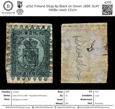 4702-finland-sg45-8p-black-on-green-1866-sc-7-mi6bx-used-c170