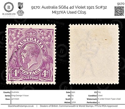 9170-australia-sg64-4d-violet-1921-sc-32-mi37xa-used-c15