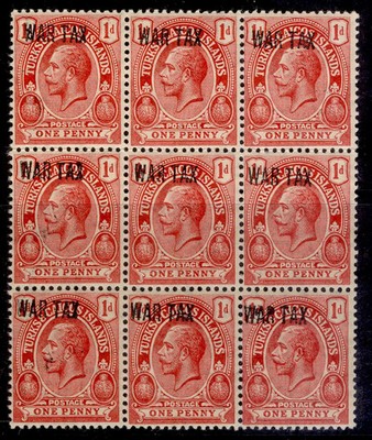 turks-caicos-islands-gv-sg143-1d-red-nh-mint-block-x9