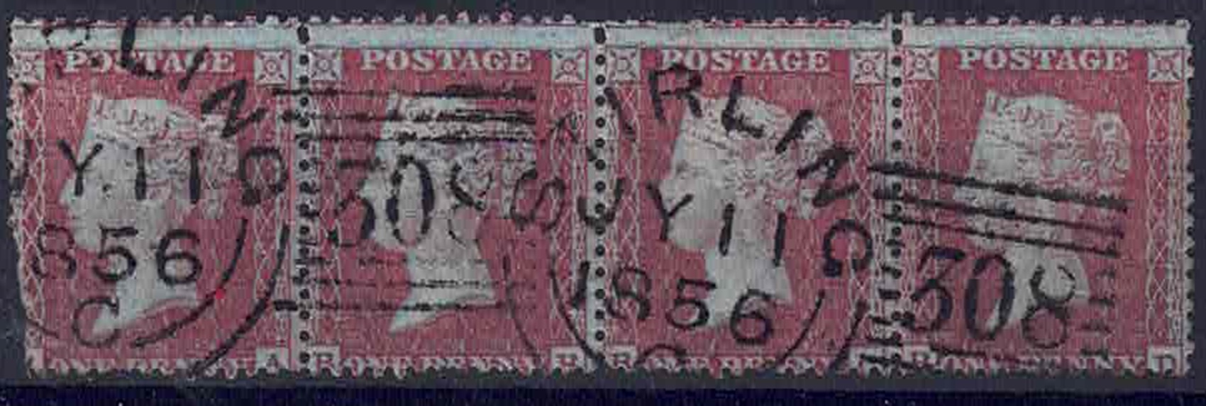 qv-sg22-perfs-14-watermark-small-crown-strip-of-4-superb-stirling-cds-perfs-nibbled-on-left-side